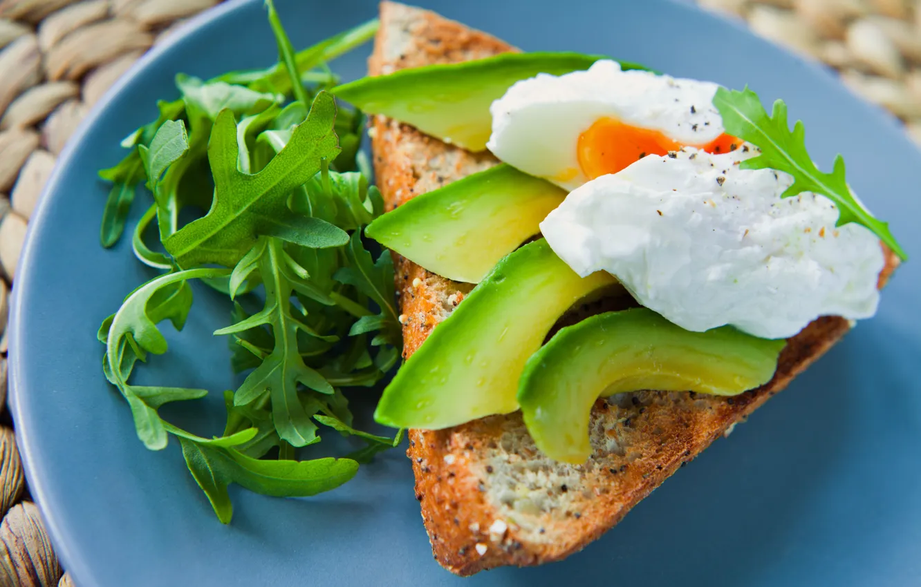 Photo wallpaper eggs, Breakfast, bread, avocado, arugula