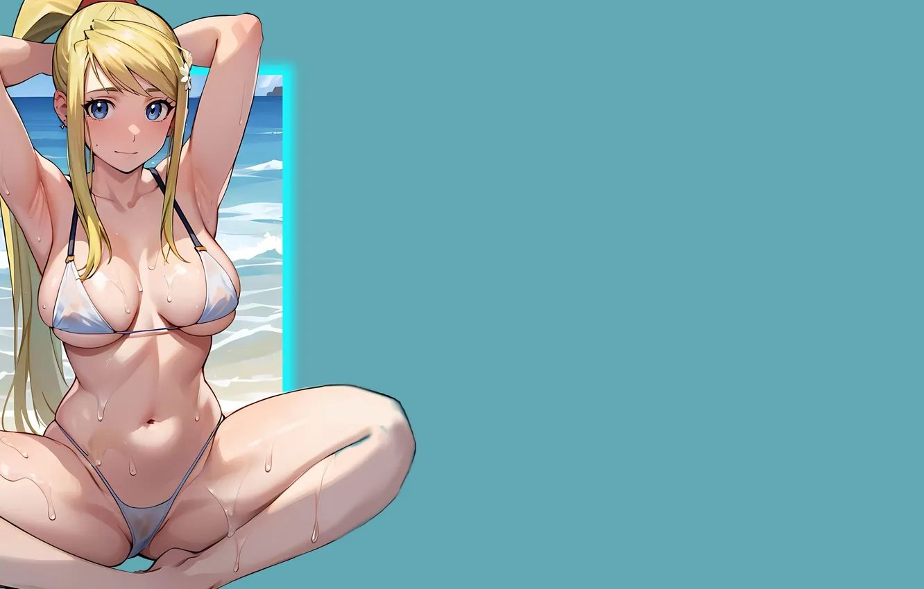 Photo wallpaper girl, hot, sexy, wet, cleavage, sea, boobs, anime