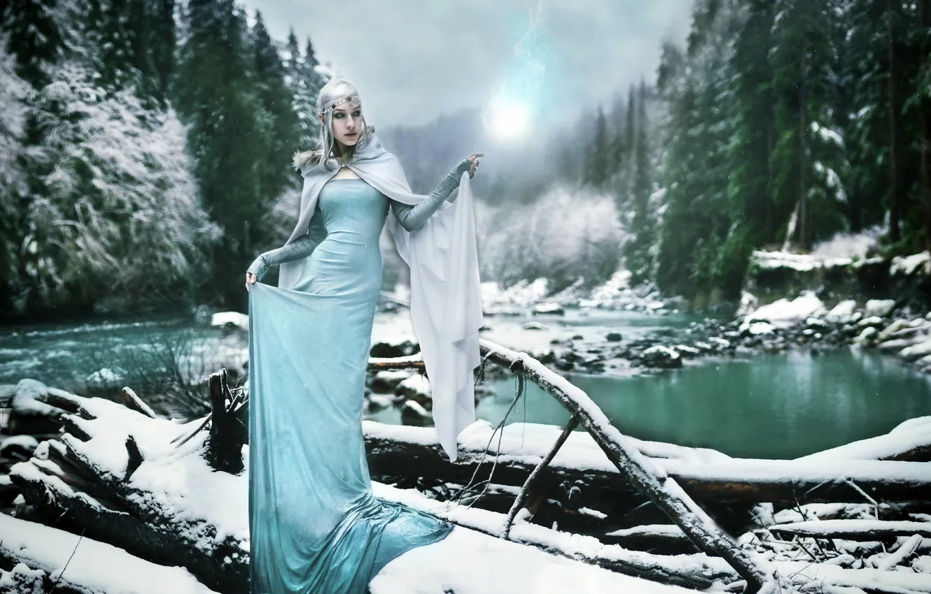 Photo wallpaper winter, girl, river