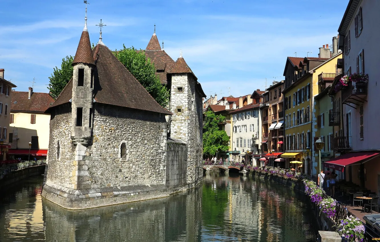 Photo wallpaper the sky, river, island, home, channel, promenade