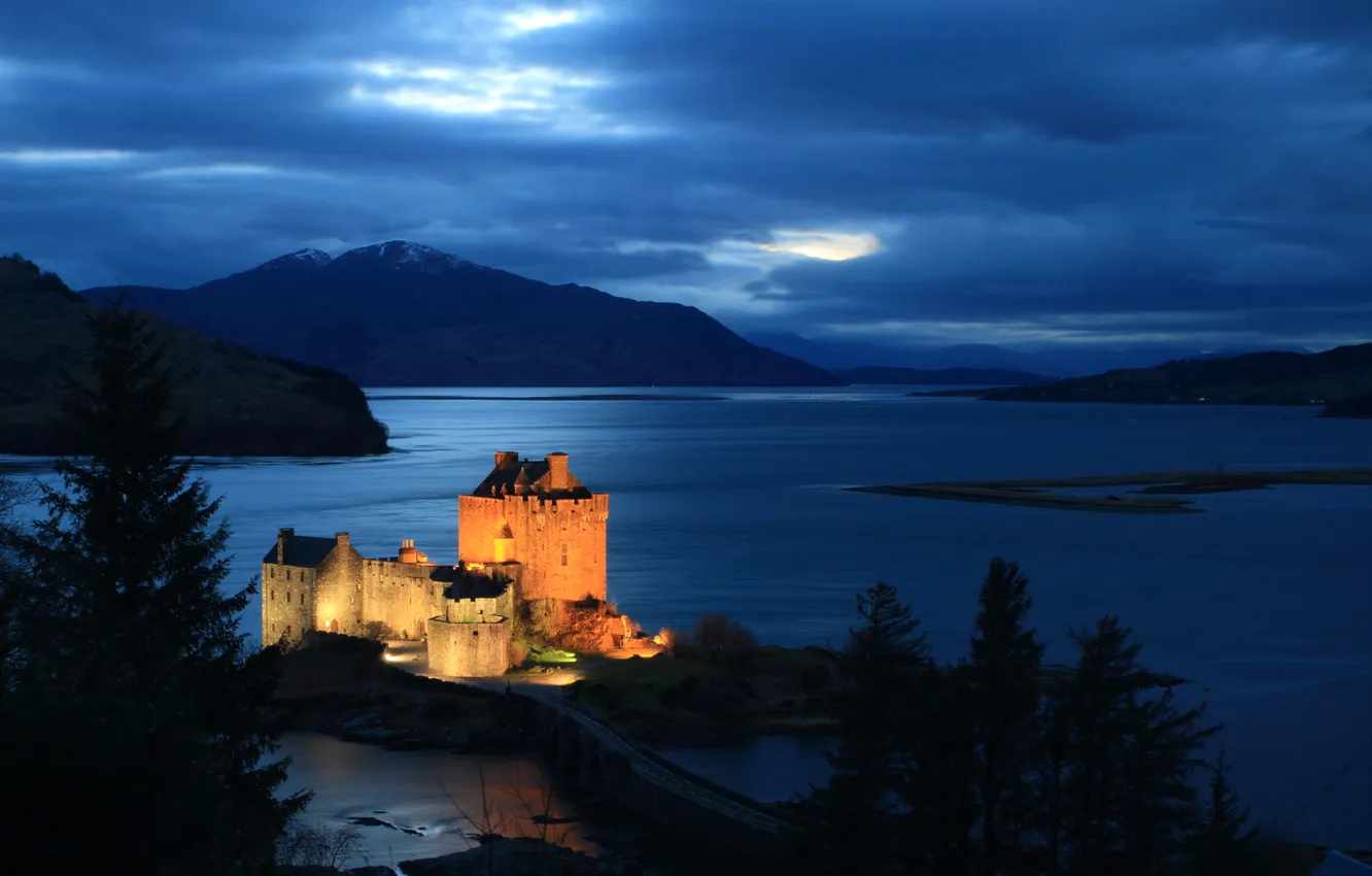 Photo wallpaper light, mountains, night, the evening, Bay, fortress