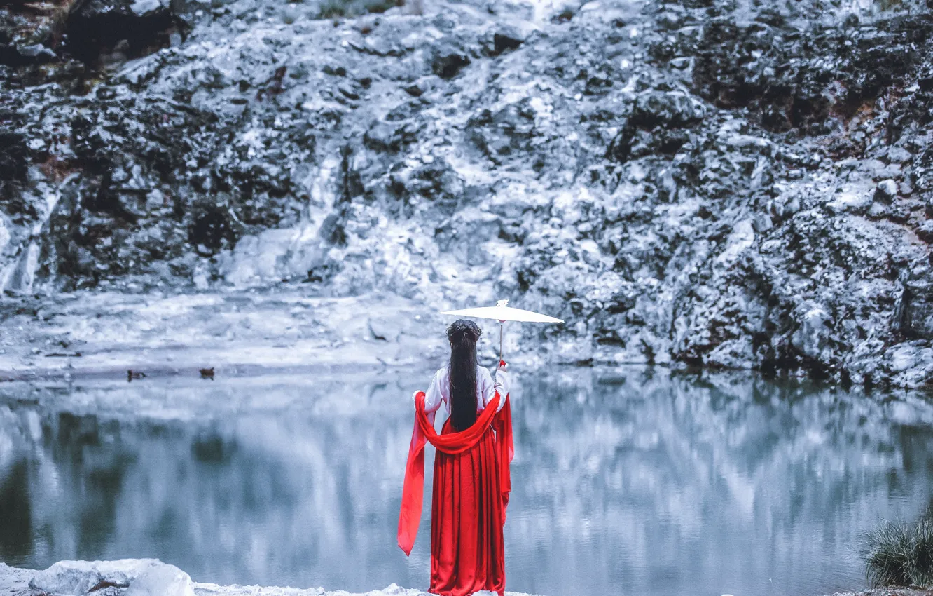 Photo wallpaper girl, lake, umbrella, Japanese, dress