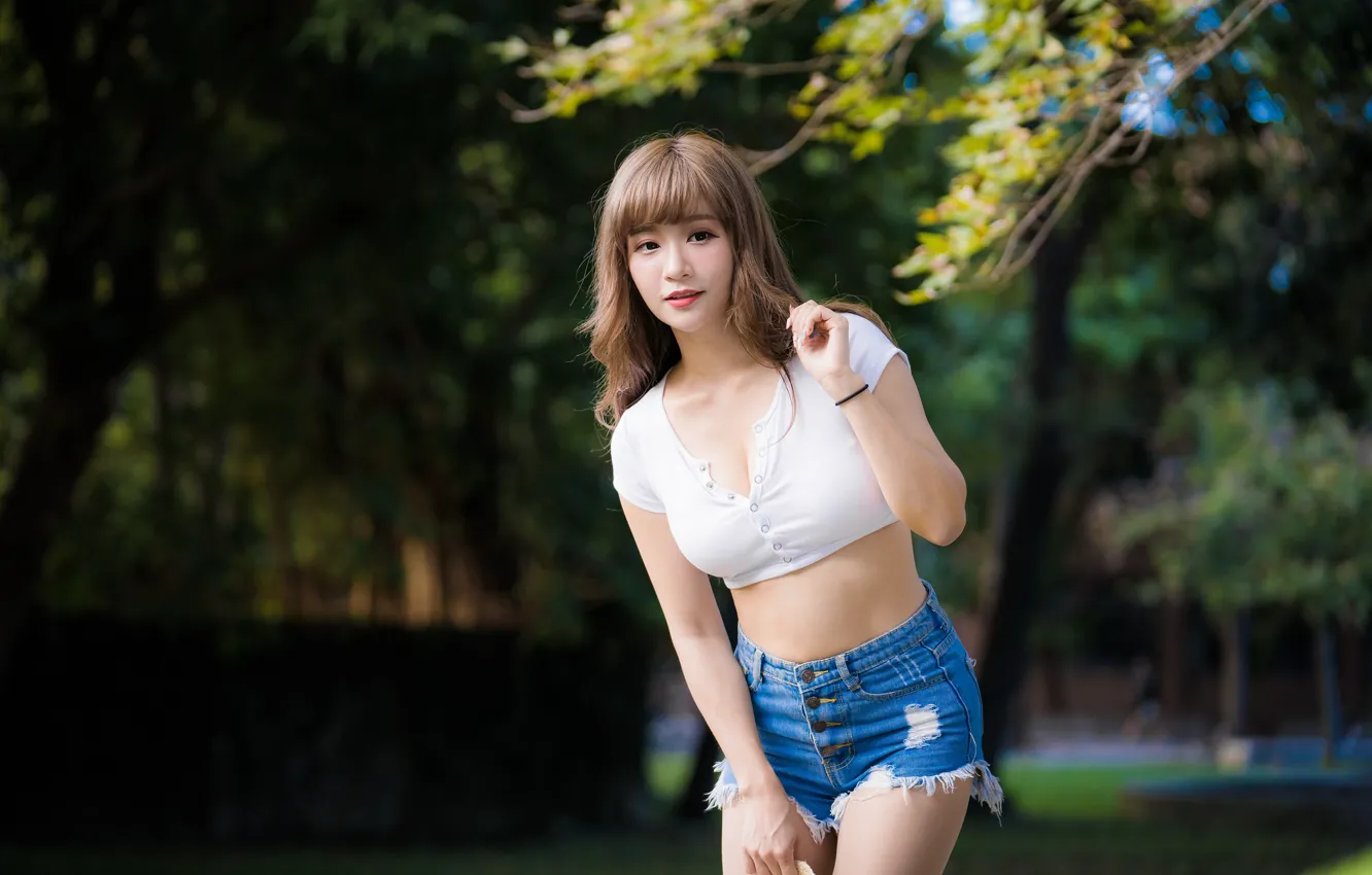 Photo wallpaper look, girl, shorts, topic, Asian, cutie, bokeh