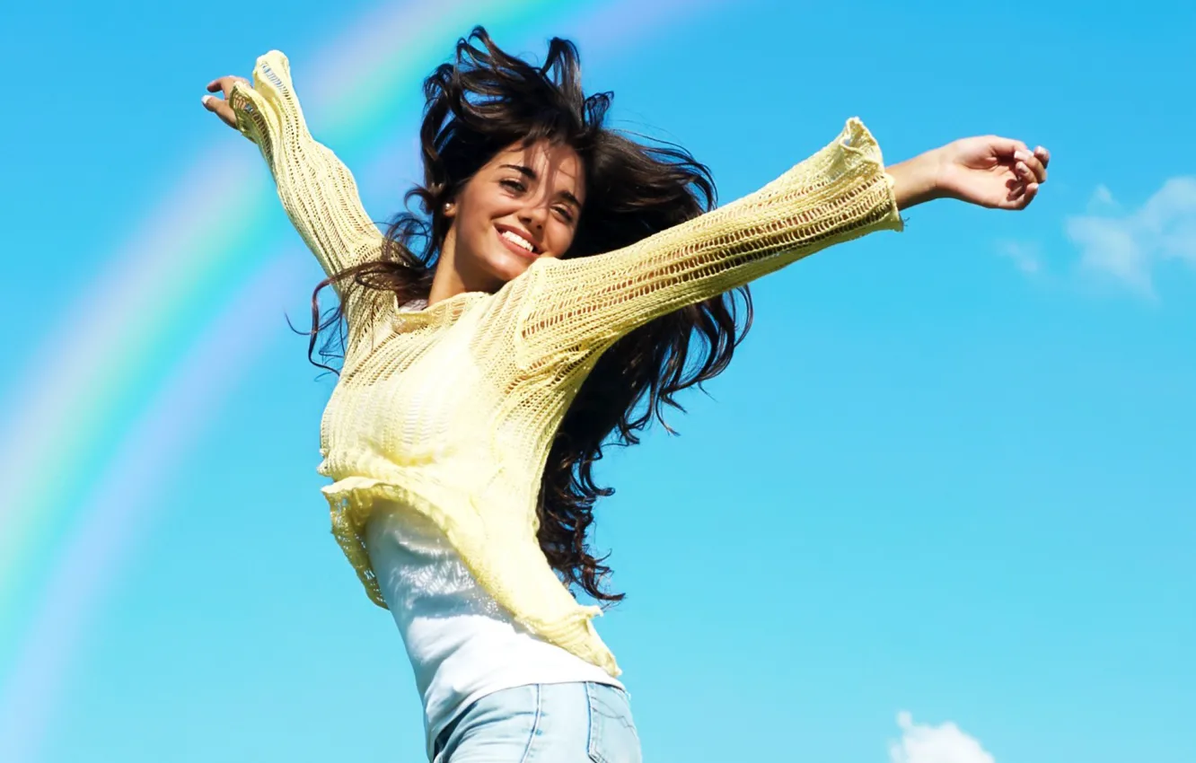 Photo wallpaper the sky, girl, joy, rainbow