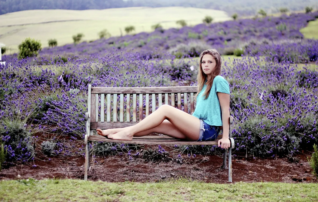 Photo wallpaper girl, flowers, bench