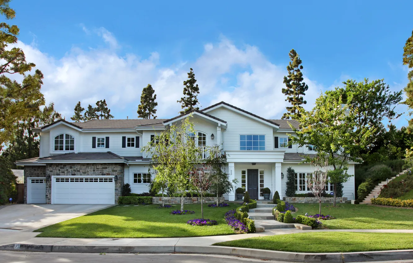 Photo wallpaper road, summer, the sun, trees, design, lawn, street, home