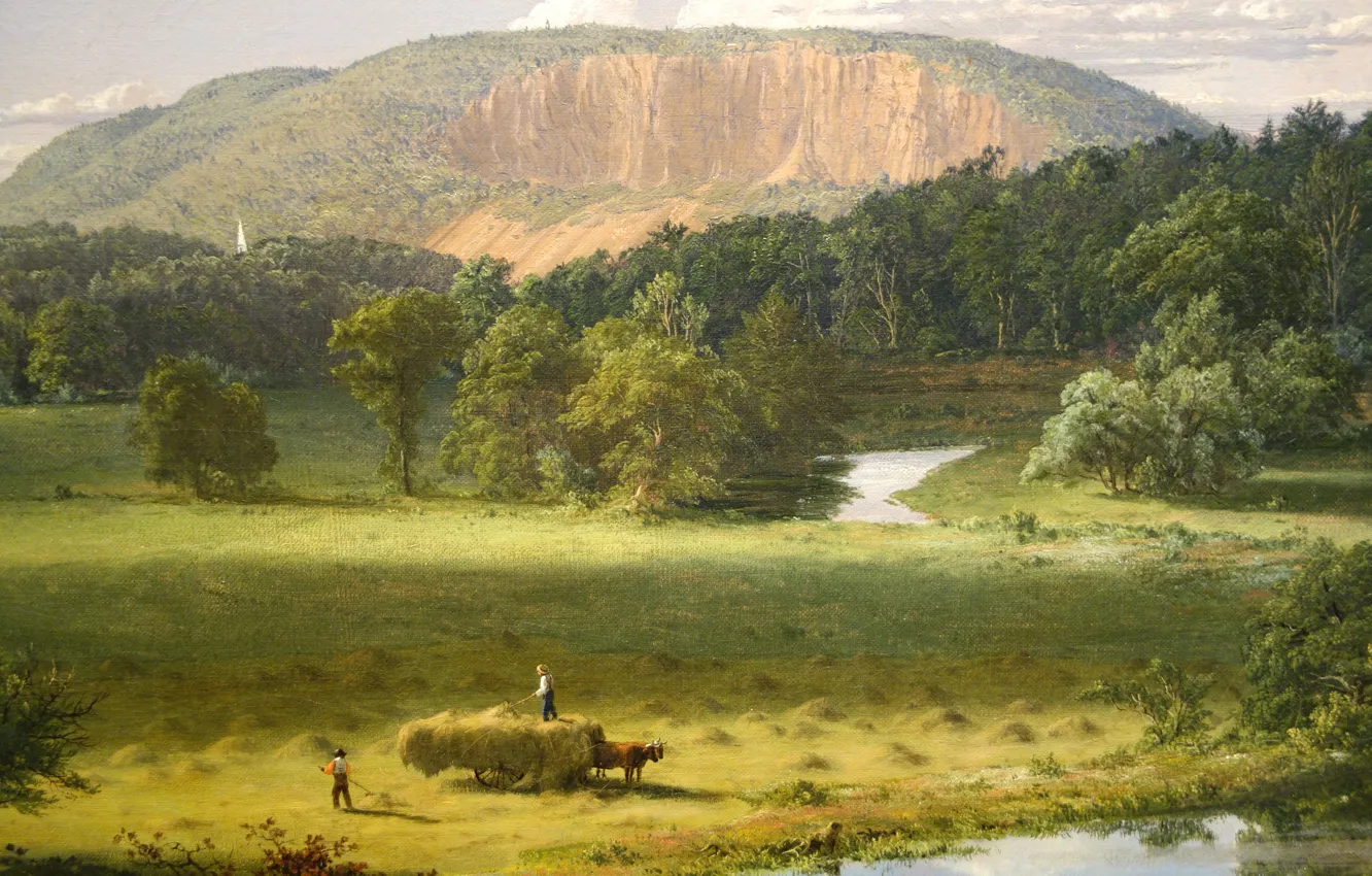 Photo wallpaper landscape, river, mountain, picture, hay, wagon, West Rock. New Haven, Frederic Edwin Church