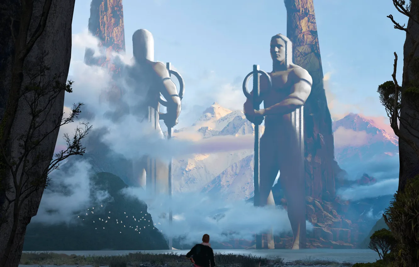 Photo wallpaper mountains, rocks, statue, the gates, Gate of Sthenos