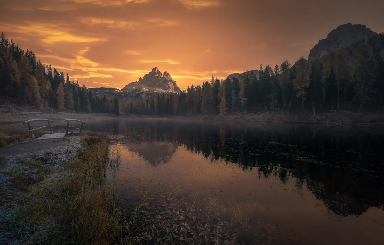 Photo wallpaper autumn, forest, the sky, sunset, mountains, fog, lake, reflection