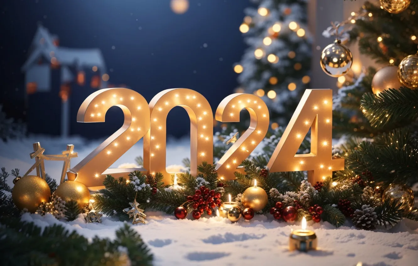 Photo wallpaper winter, snow, decoration, night, balls, tree, new year, Christmas