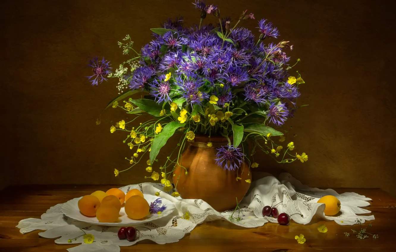 Photo wallpaper bouquet, cherry, cornflowers, apricots