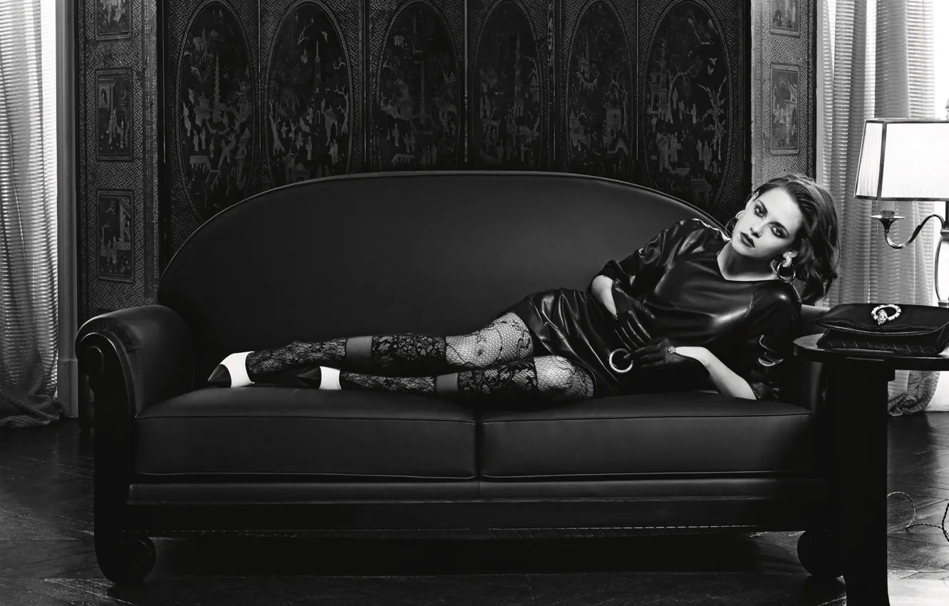 Photo wallpaper room, model, interior, stockings, makeup, dress, actress, brunette