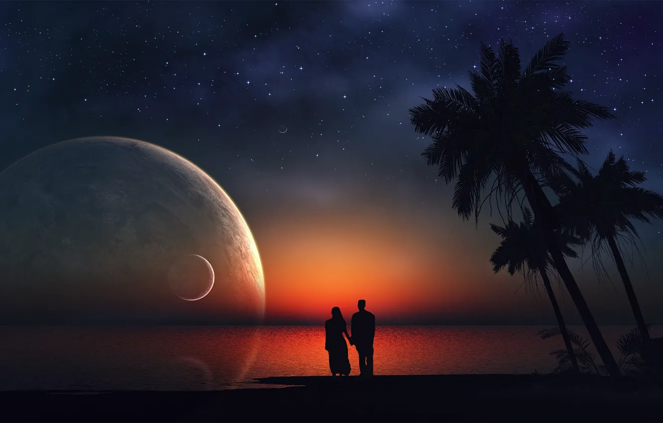 Photo wallpaper sea, stars, night, palm trees, people, the ocean, romance, planet