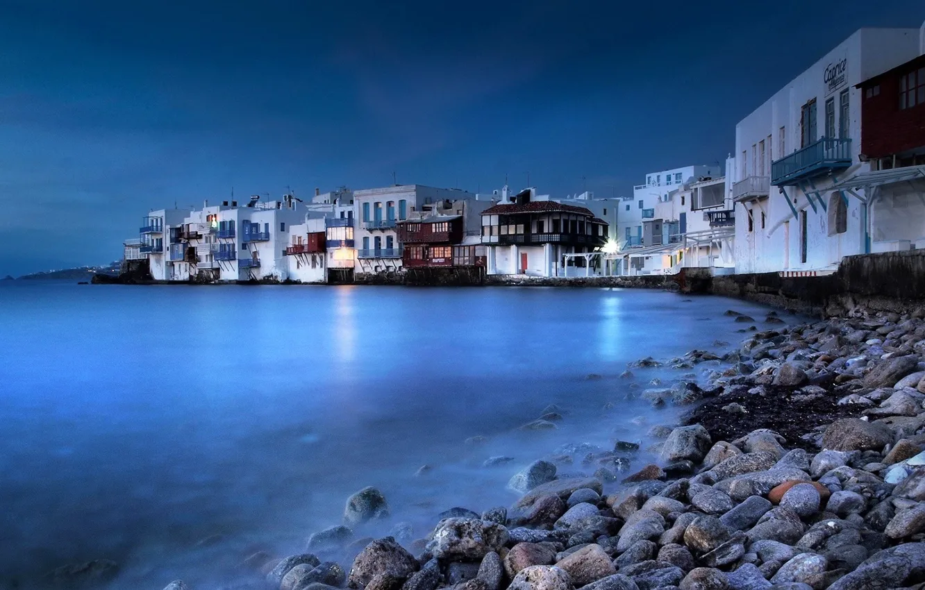 Photo wallpaper sea, the sky, night, the city, island, home, Greece, Greece