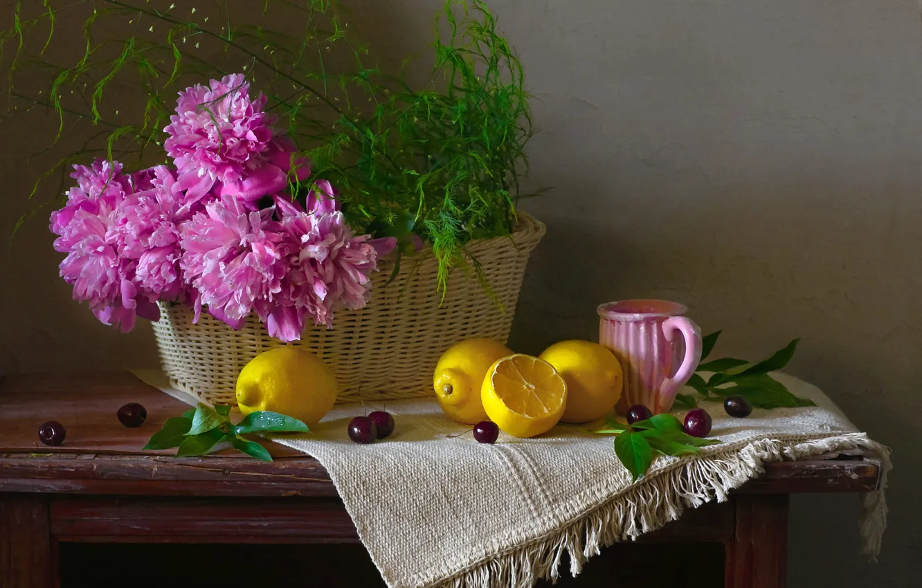 Photo wallpaper flowers, cherry, table, lemon, towel, bouquet, mug, pink