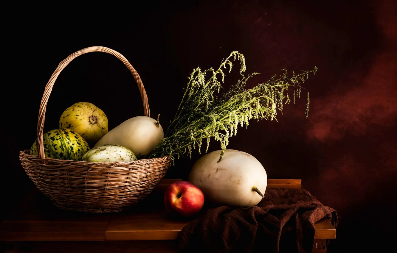 Photo wallpaper greens, the dark background, table, watermelon, fabric, fruit, still life, basket