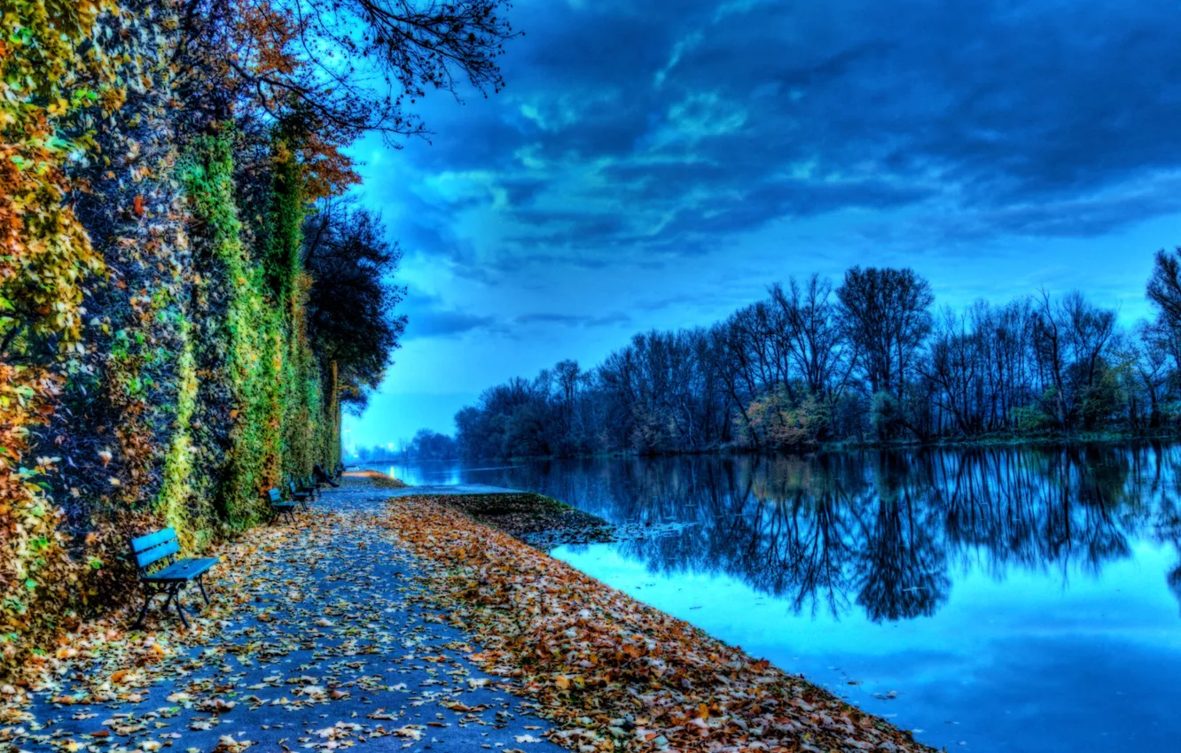 Photo wallpaper autumn, the sky, trees, river, wall, channel, bench
