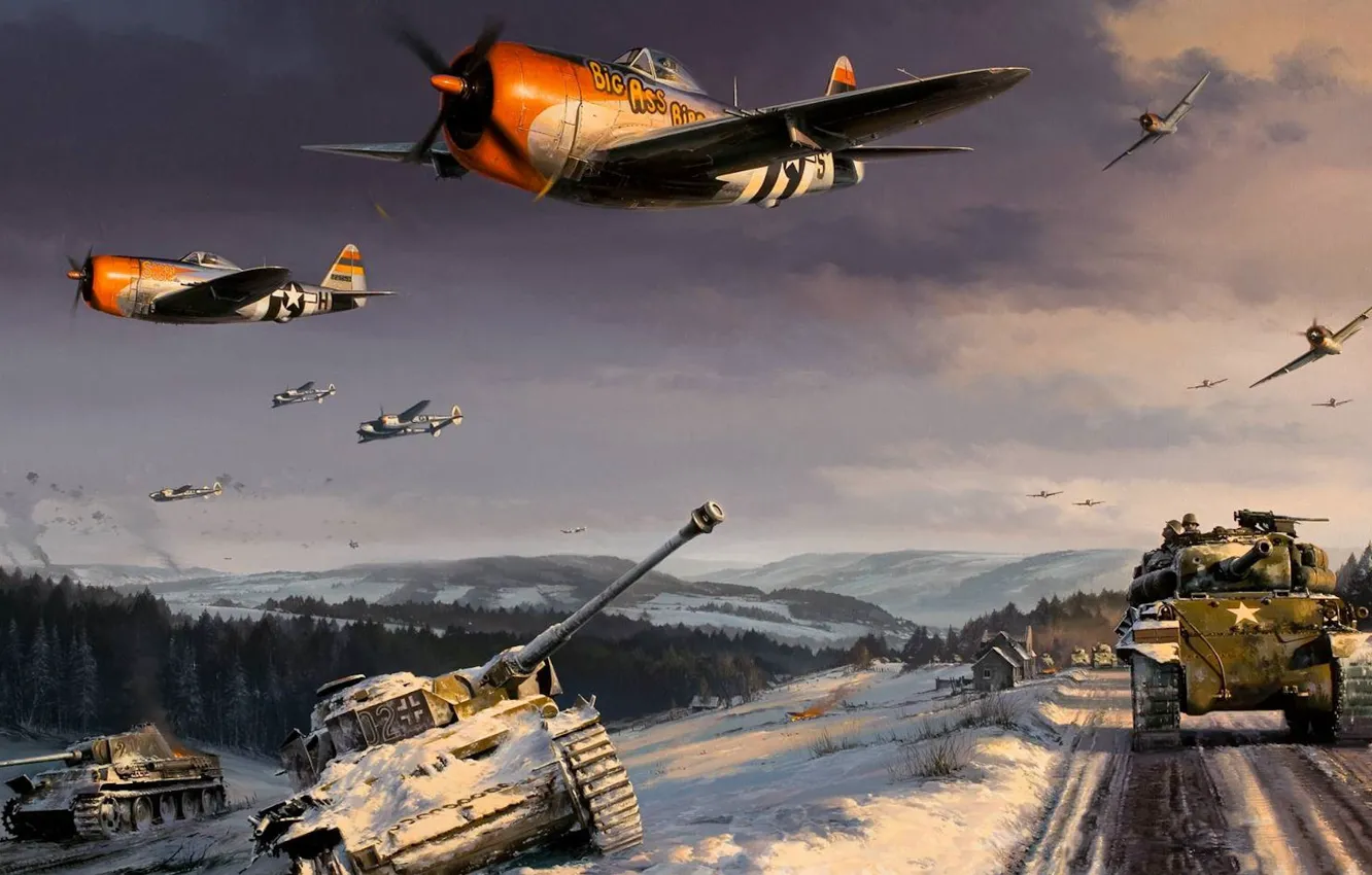 Photo wallpaper figure, art, Lightning, Thunderbolt, World War II, Sherman, P38, the battle for the Ardennes