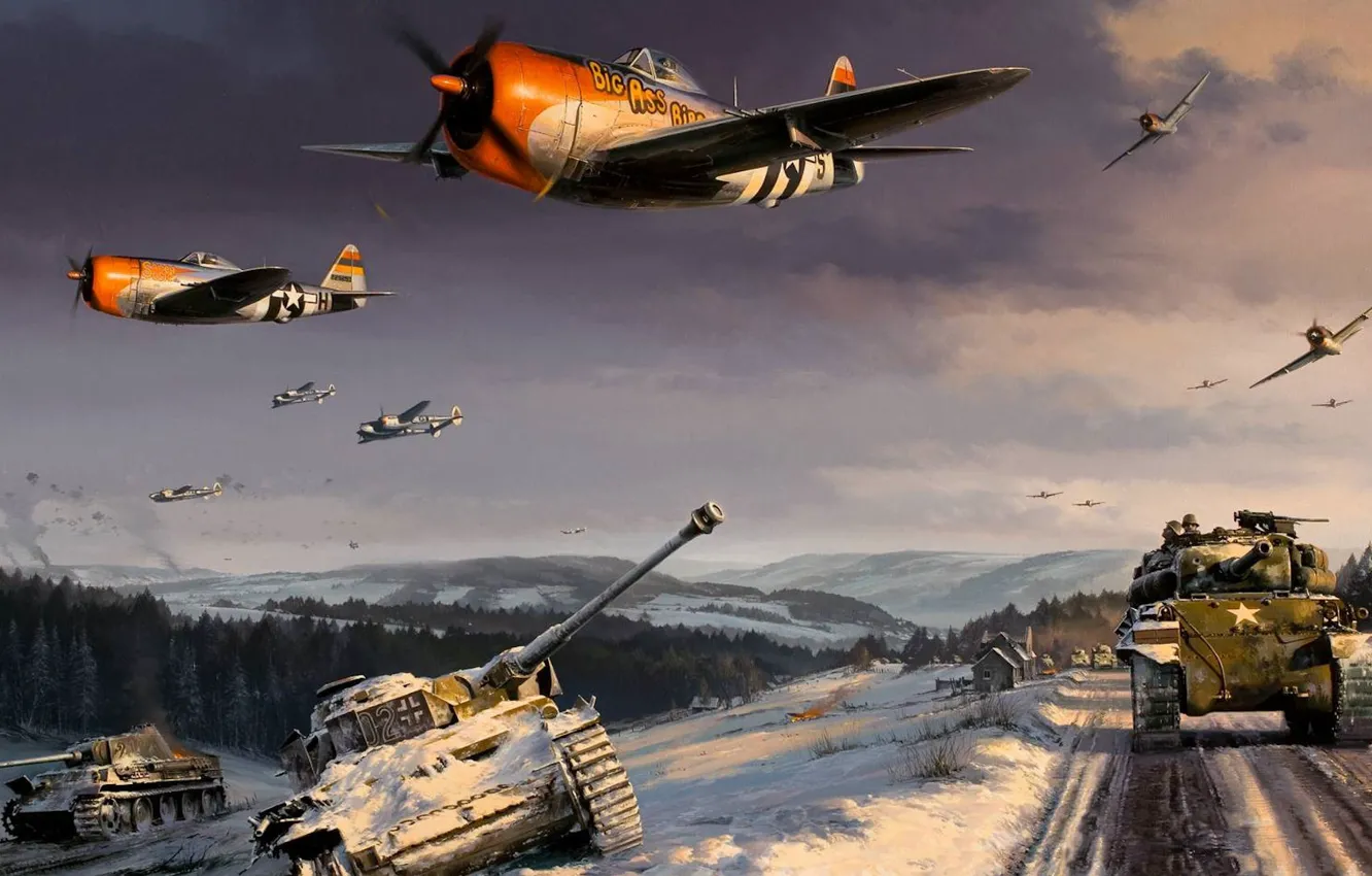 Photo wallpaper figure, art, Lightning, Thunderbolt, Sherman, P38, the battle for the Ardennes, P47