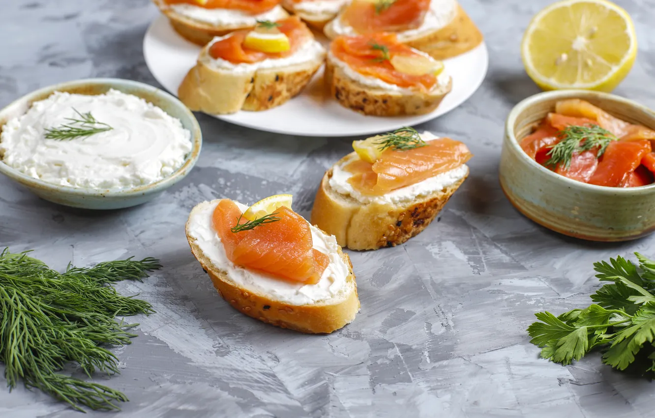 Photo wallpaper cream, cheese, sandwiches, salmon, smoked