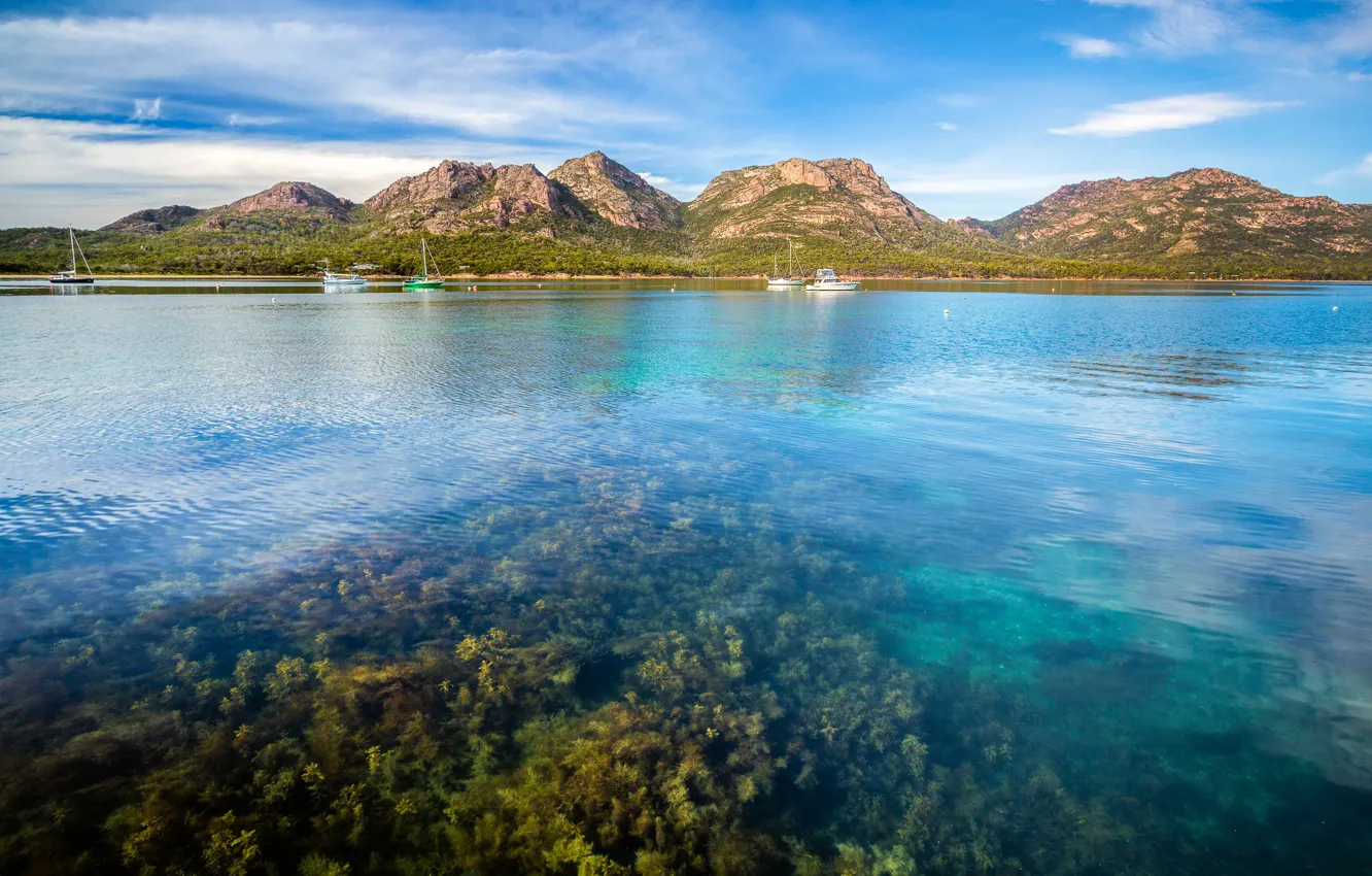 Photo wallpaper clouds, algae, mountains, lake, blue, boat, ship, the bottom