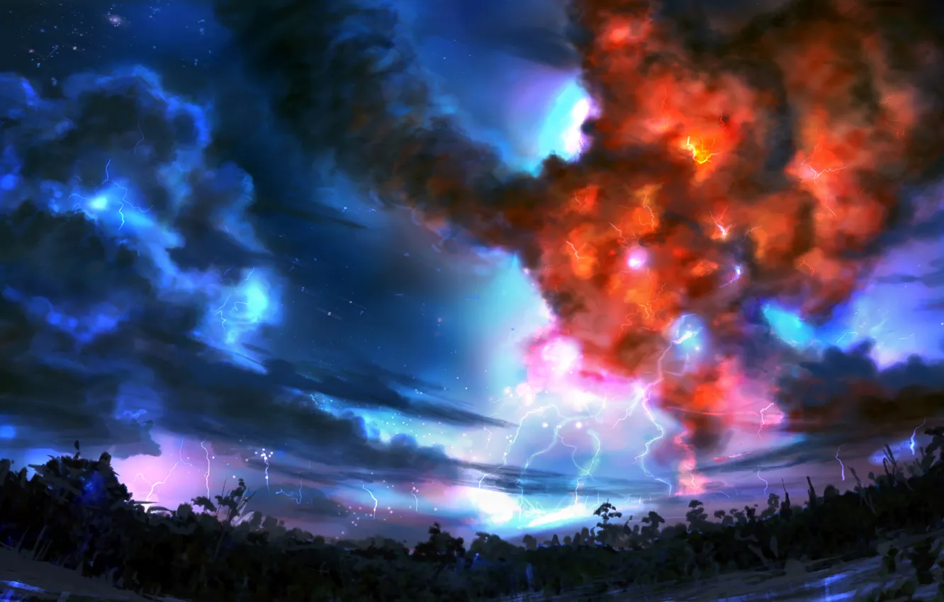 Photo wallpaper the sky, clouds, lightning, figure, art