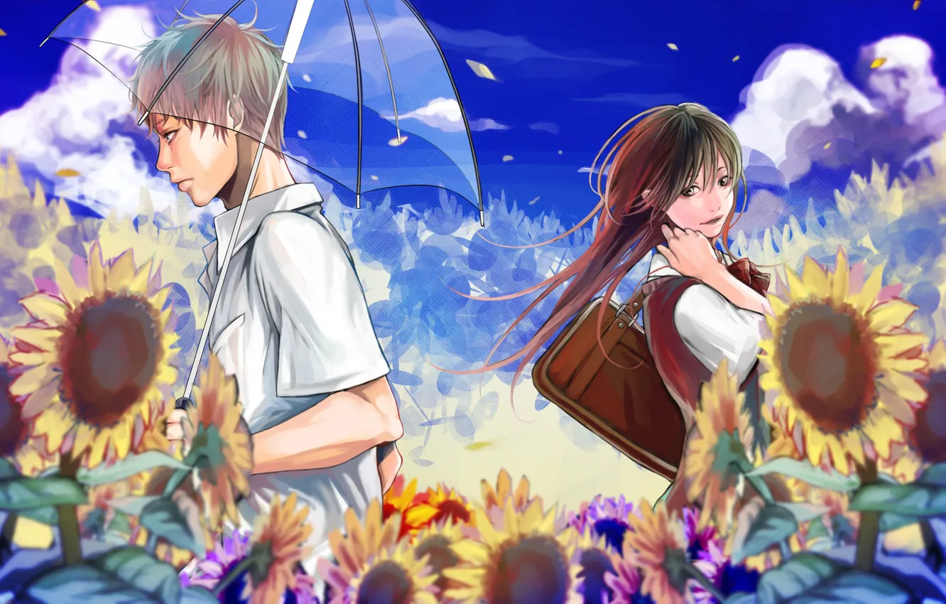 Photo wallpaper the sky, girl, clouds, sunflowers, umbrella, anime, petals, art