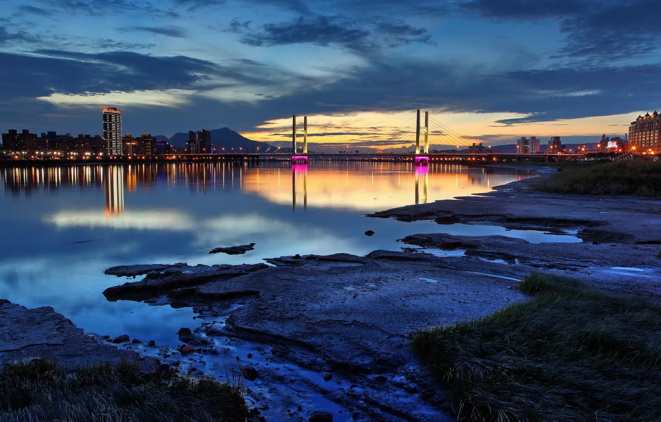 Photo wallpaper night, bridge, the city