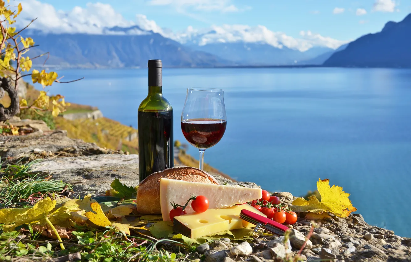 Photo wallpaper clouds, mountains, lake, wine, cheese, tomatoes