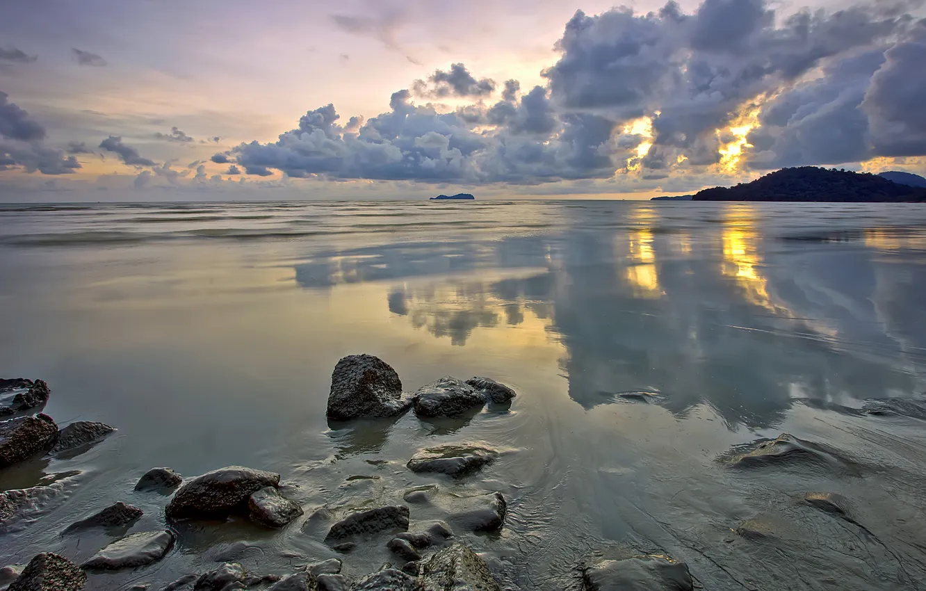 Photo wallpaper sea, the sky, clouds, stones, tide