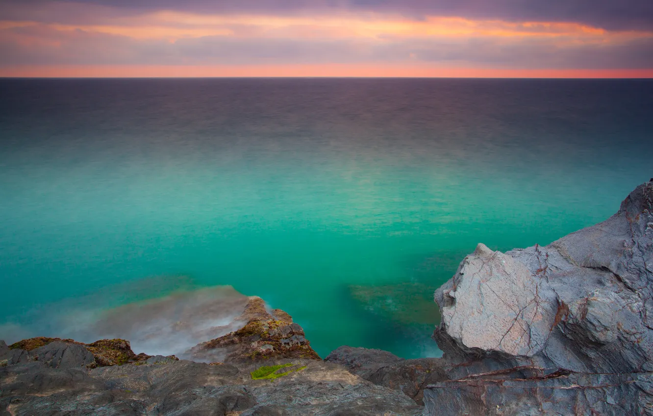 Photo wallpaper the sky, water, clouds, stones, the ocean, dawn, color, horizon