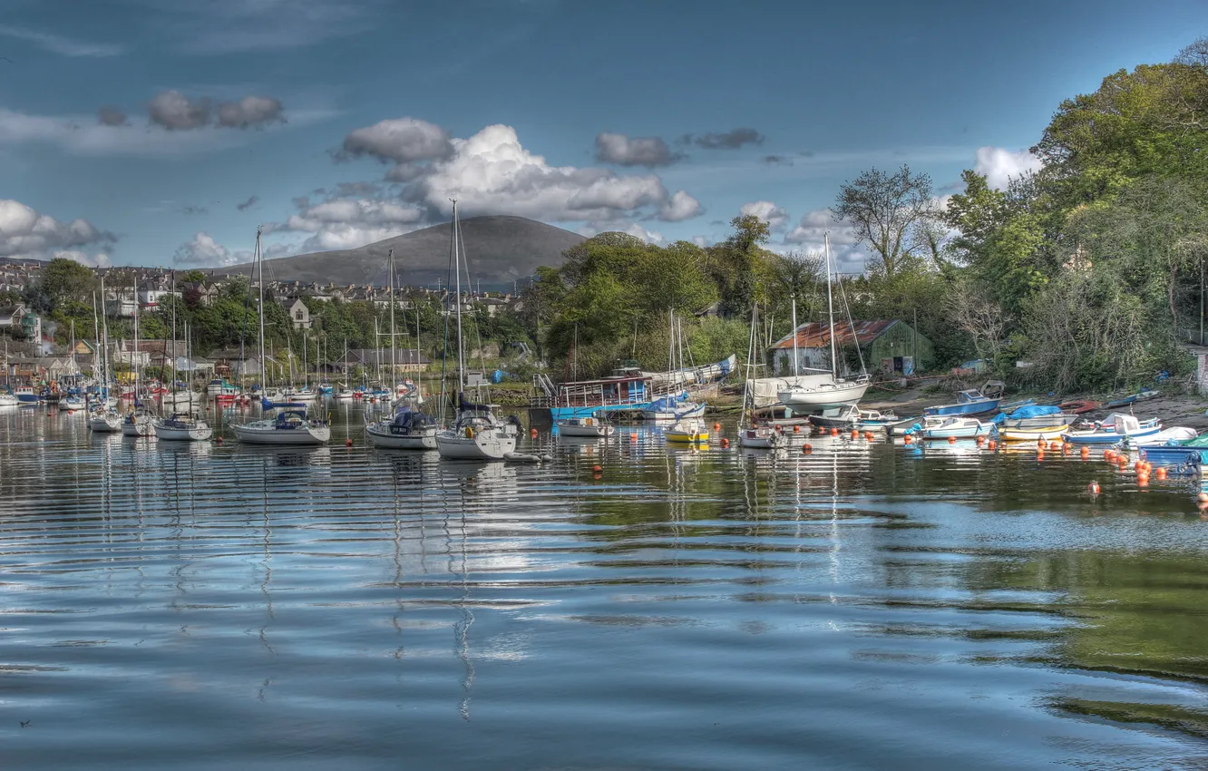 Photo wallpaper sea, the sky, clouds, trees, mountains, the city, house, yachts