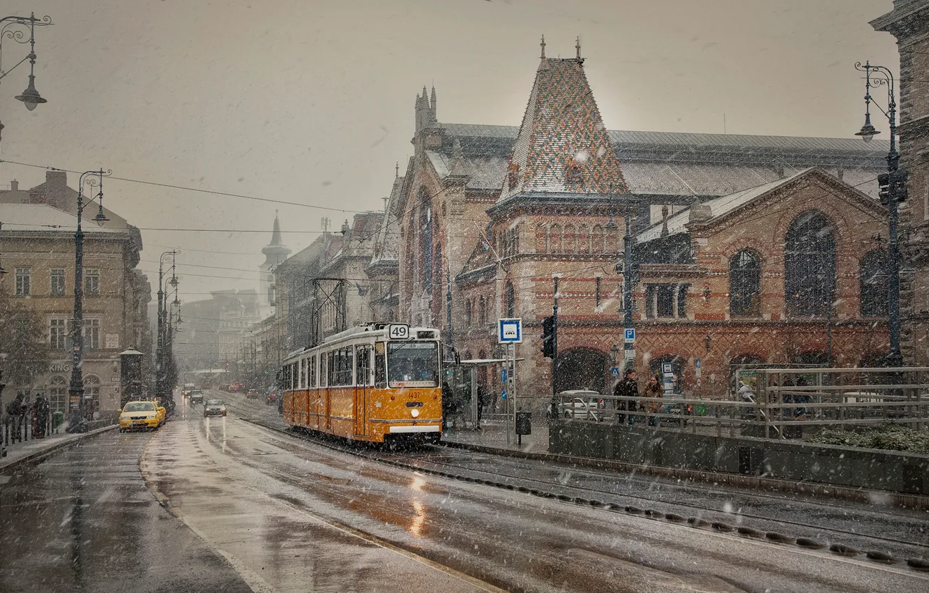 Photo wallpaper snow, building, home, tram, Hungary, Budapest, Budapest