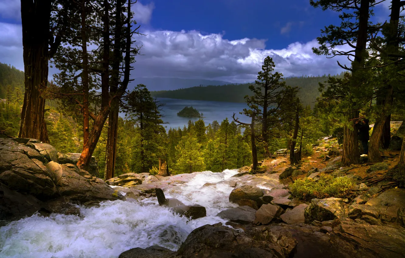 Photo wallpaper trees, landscape, mountains, nature, lake, stones, waterfall, USA