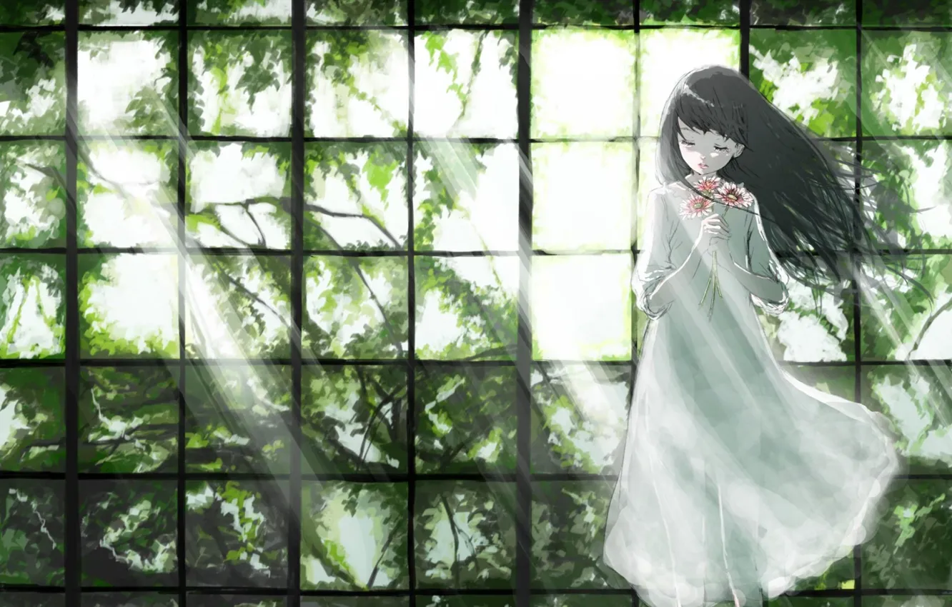 Photo wallpaper light, flowers, branches, foliage, window, girl, white dress, closed eyes