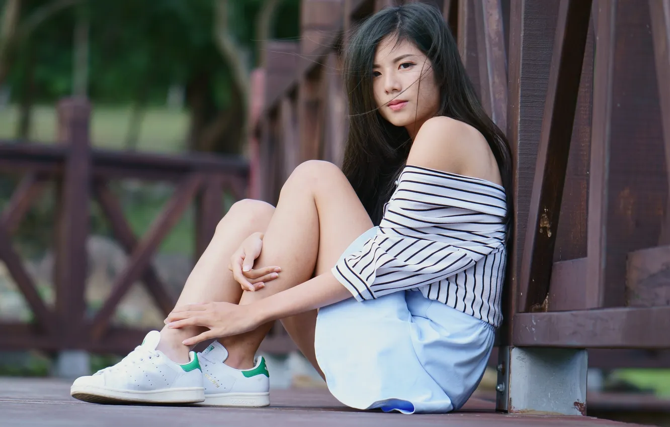 Photo wallpaper look, girl, skirt, blouse, legs, Asian