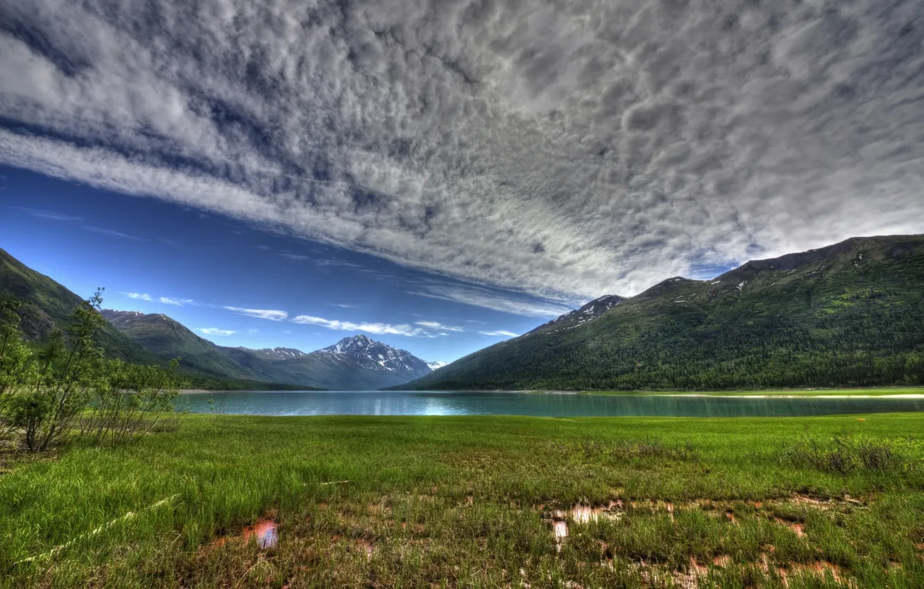 Photo wallpaper clouds, mountains, Alaska, Alaska, Lake Eklutna, Eklutna Lake