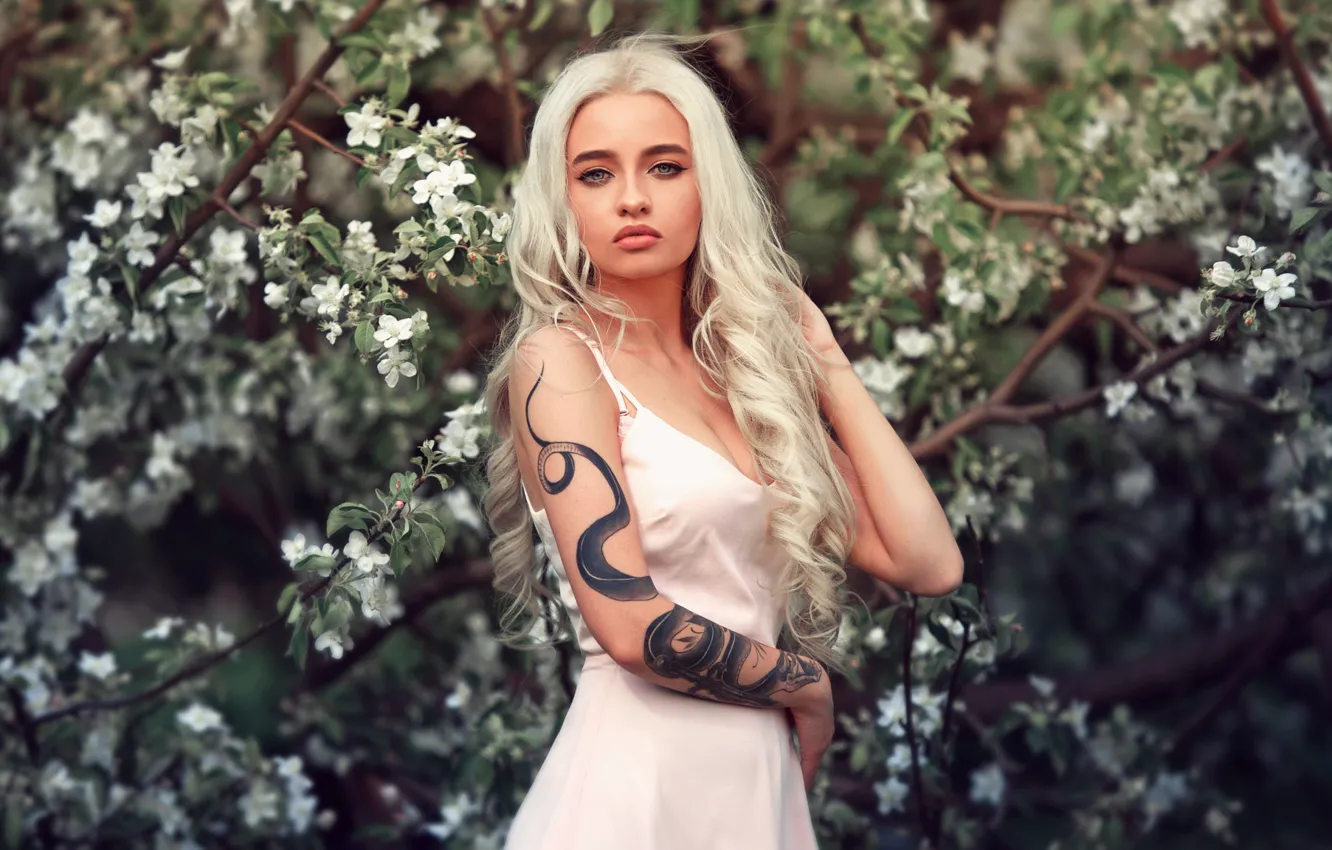 Photo wallpaper girl, long hair, dress, flowers, beauty, tattoo, blonde, posing