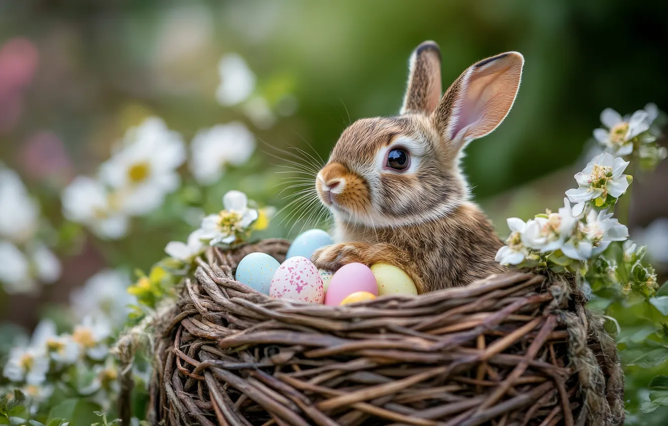 Photo wallpaper look, light, flowers, branches, grey, holiday, glade, eggs