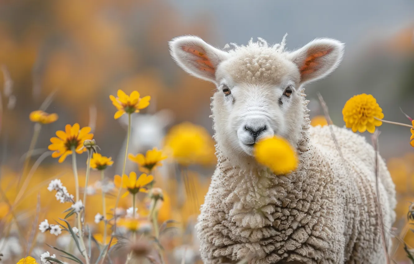 Photo wallpaper look, face, flowers, yellow, sheep, portrait, sheep, bokeh