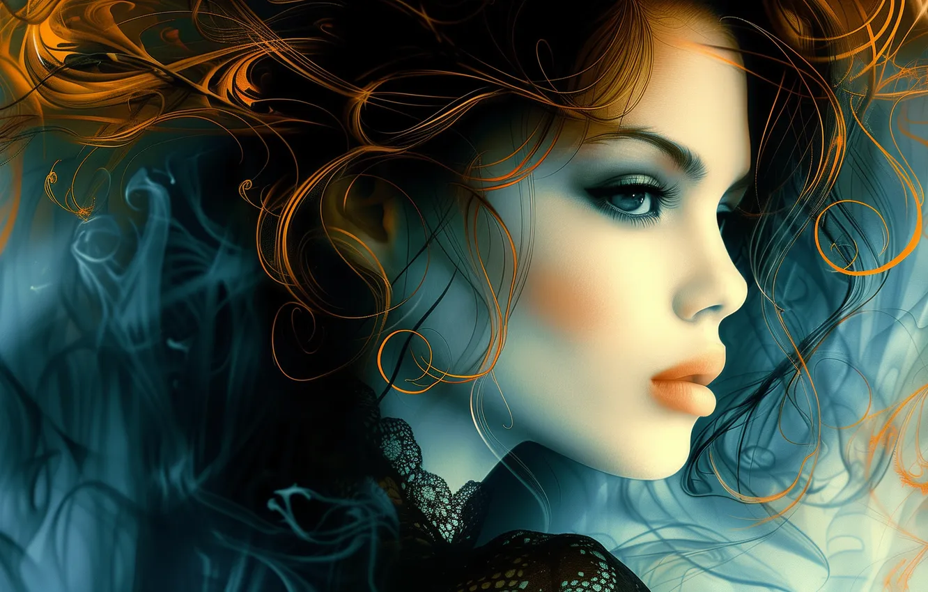 Photo wallpaper look, girl, line, face, style, smoke, curls, portrait