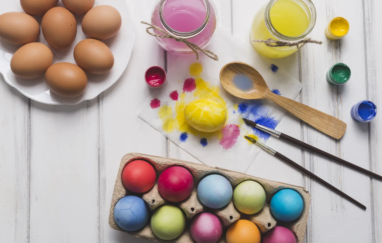Photo wallpaper brush, decoration, tulips, paint, holiday, eggs, Easter, flowers