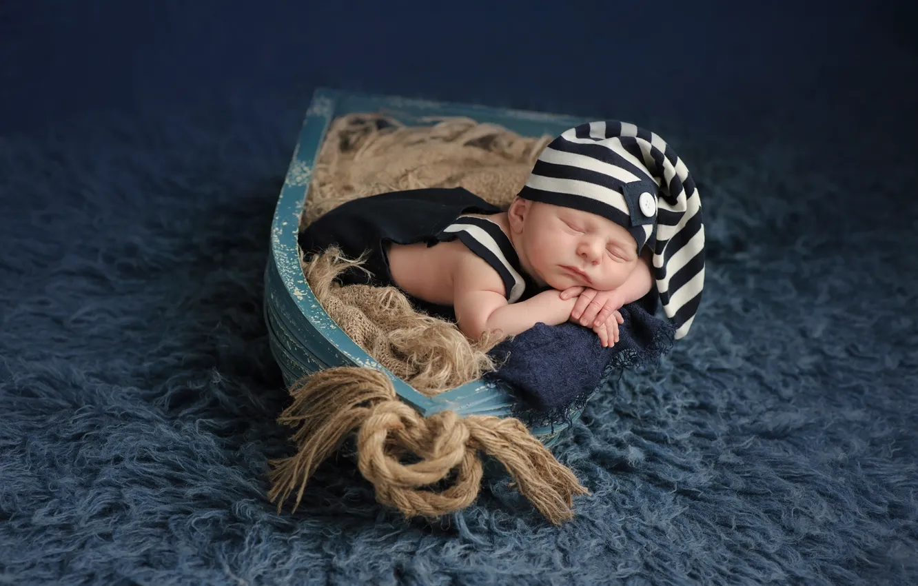 Photo wallpaper carpet, boat, child, sleep, rope, fur, cover, baby