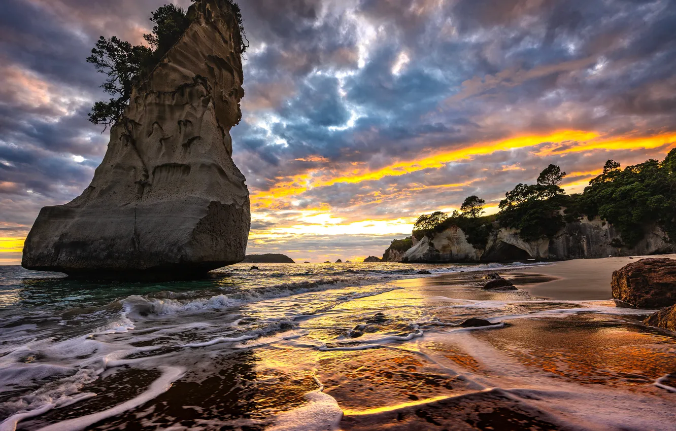 Photo wallpaper sea, sunset, rocks, coast