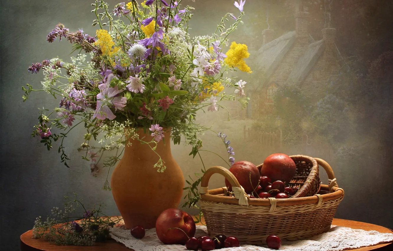 Photo wallpaper berries, bouquet, still life, cherry, nectarine