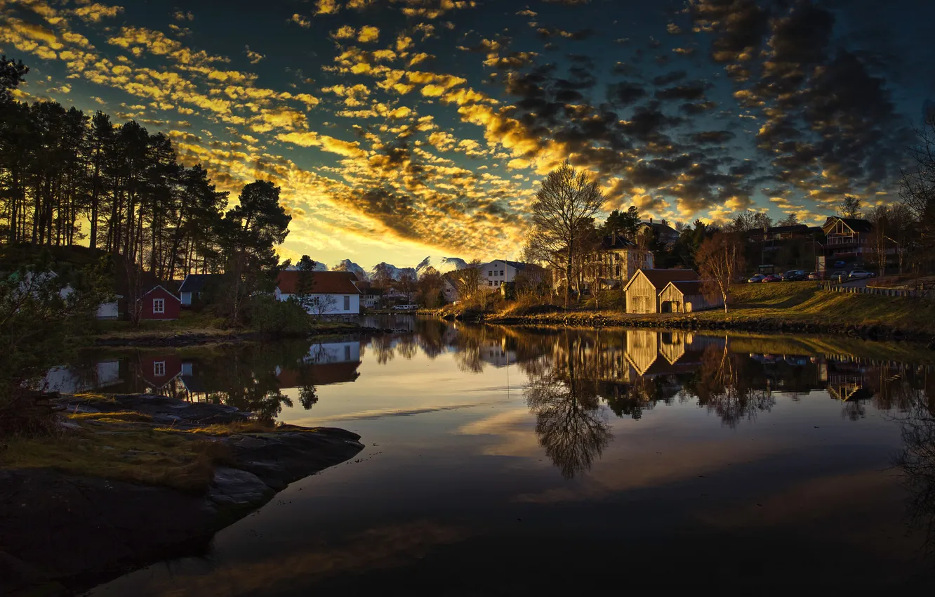 Photo wallpaper the sky, clouds, light, trees, mountains, the city, reflection, shore