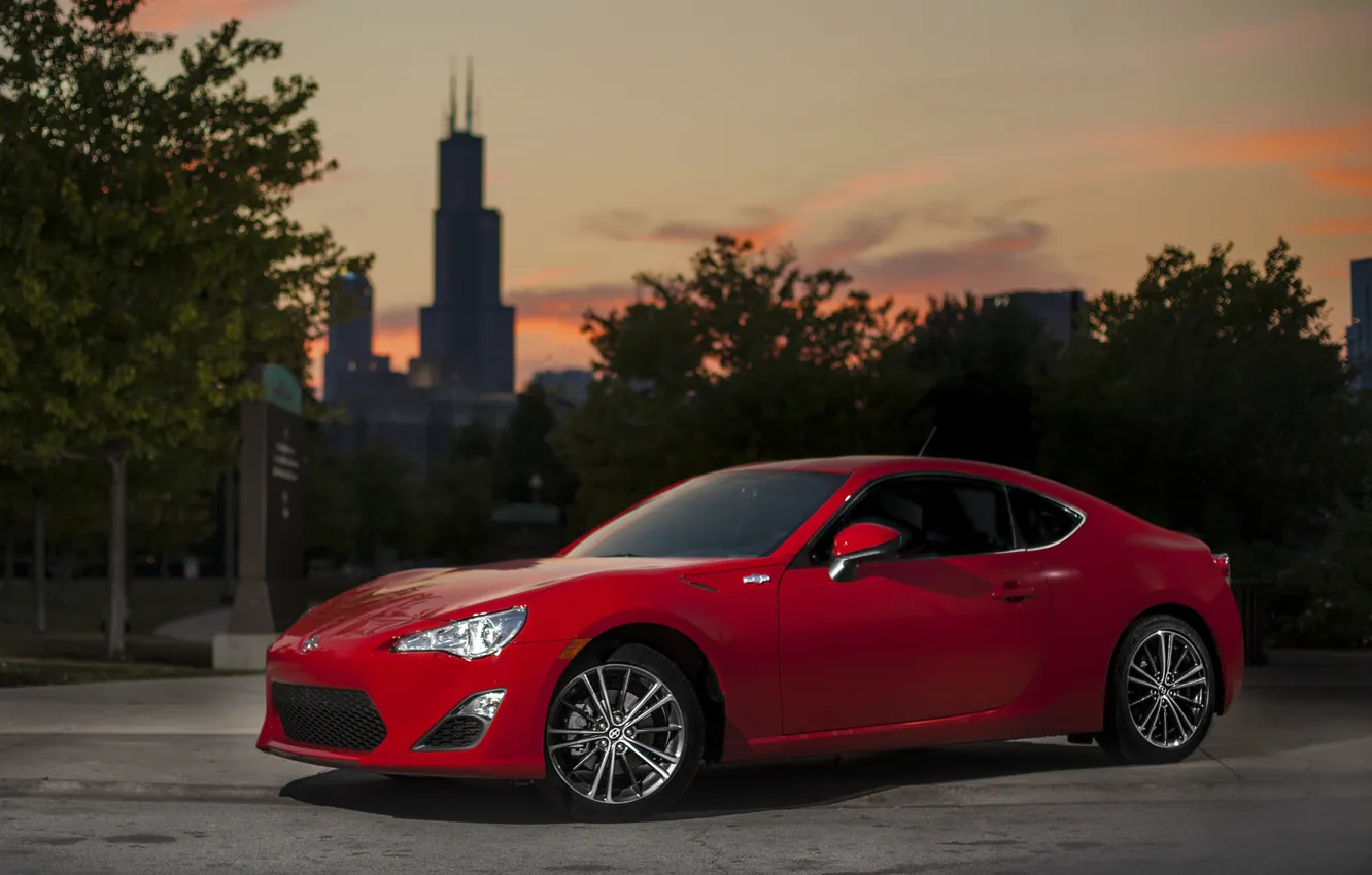 Photo wallpaper red, the city, car, Chicago, Scion FR-S