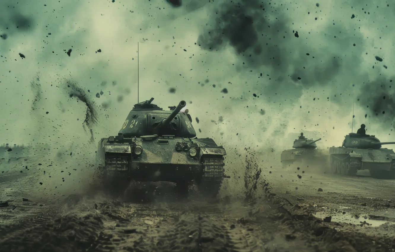 Photo wallpaper Smoke, Dirt, Tanks, Digital art, AI art, The Art of Artificial Intelligence, Neural network, War …