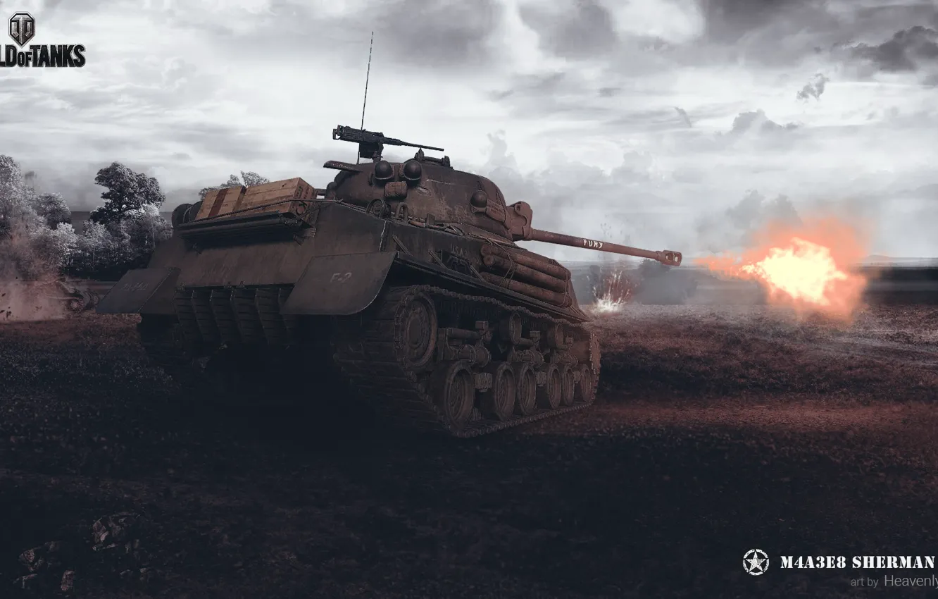 Photo wallpaper clouds, lights, fog, war, smoke, dirt, rage, tank