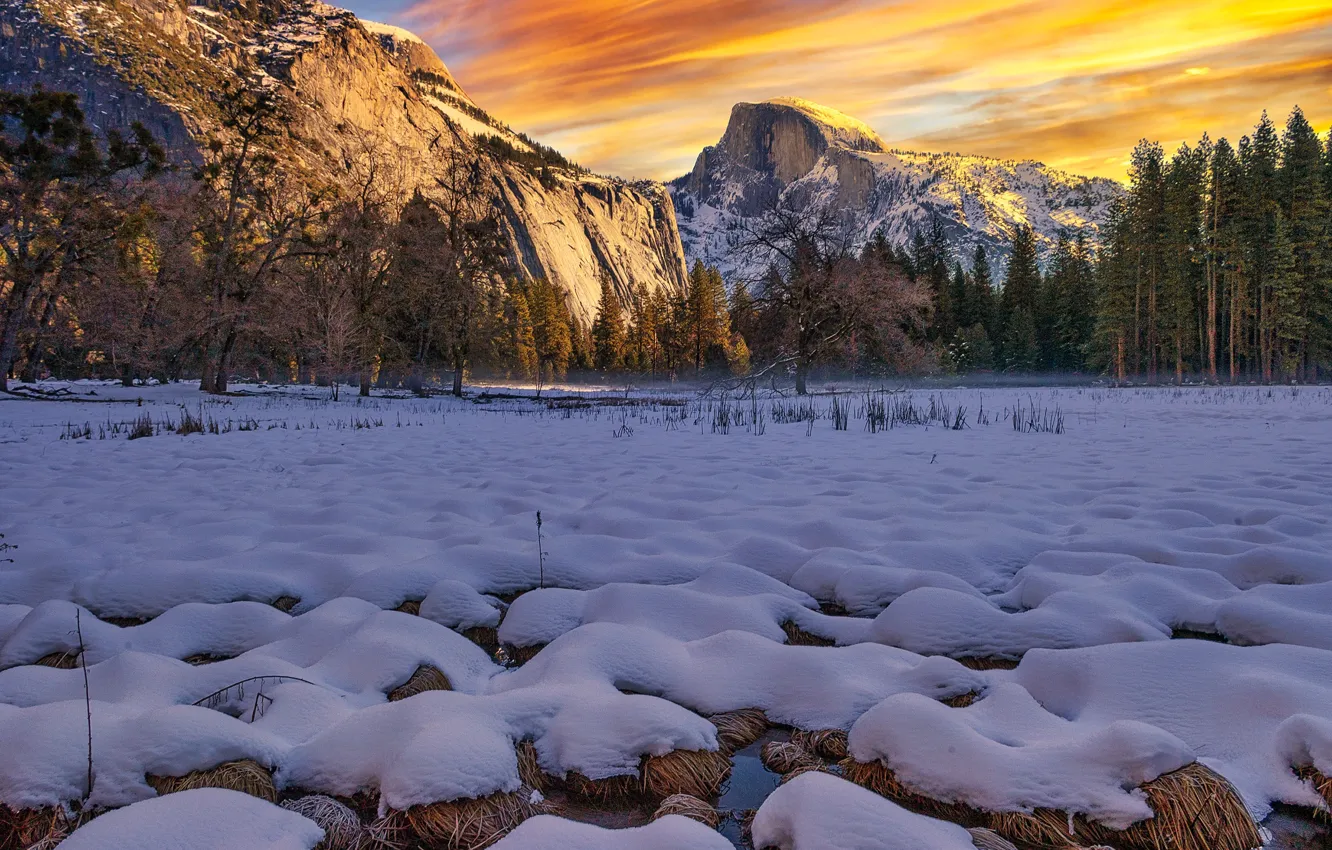 Photo wallpaper nature, Winter, California, Yosemite Valley, Half Dome, North Dome